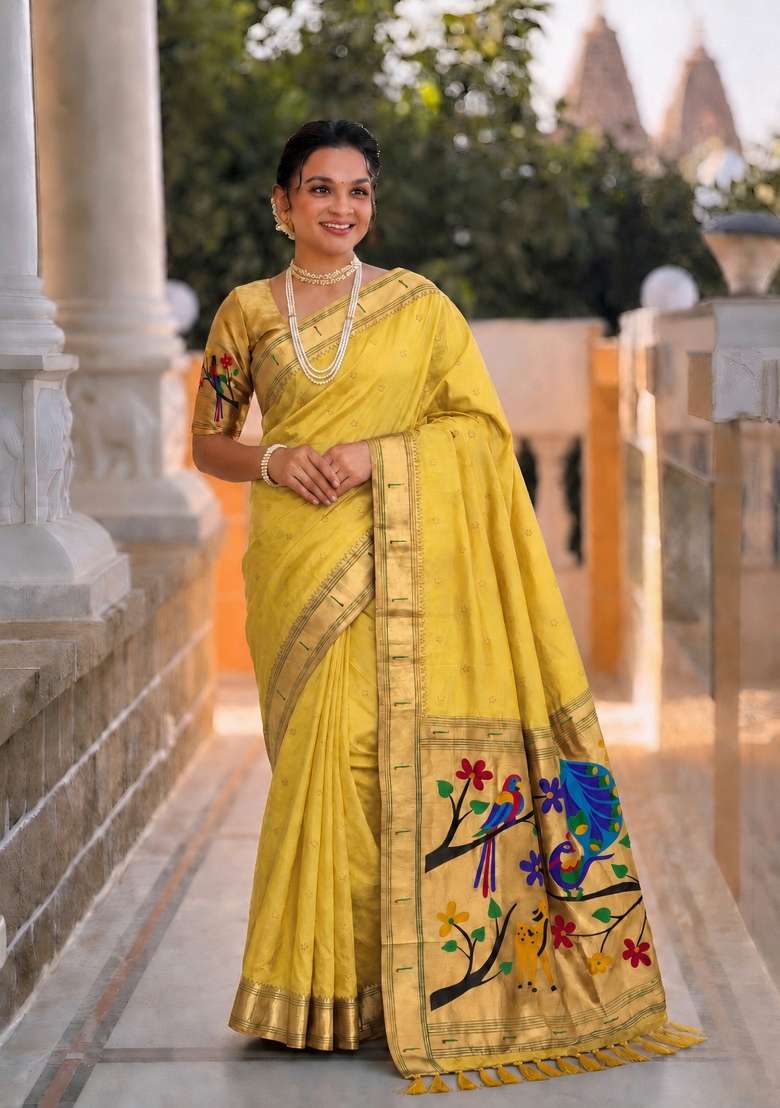 Yellow Zari Work Silk Saree Set for Diwali and Festive Wear - Indya