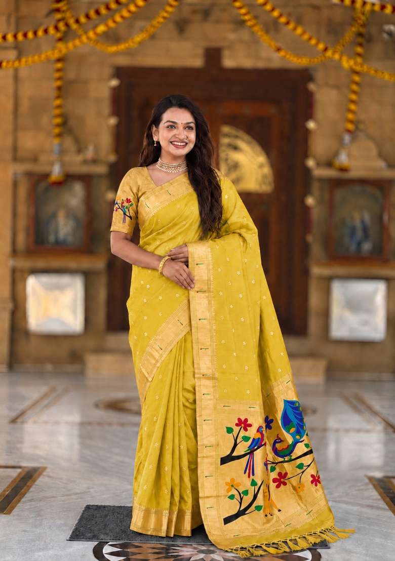 Yellow Zari Work Silk Saree Set for Diwali and Festive Wear - Indya