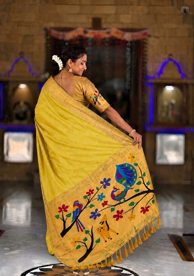 Yellow Zari Work Silk Saree Set for Diwali and Festive Wear - Indya