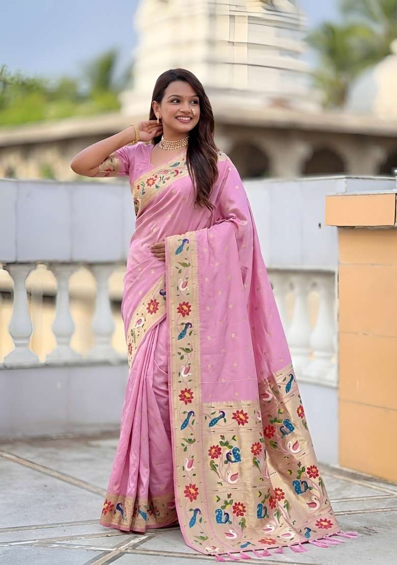 Baby Pink Silk Saree Set with Zari Work for Diwali | Wedding & Festive Wear - Indya
