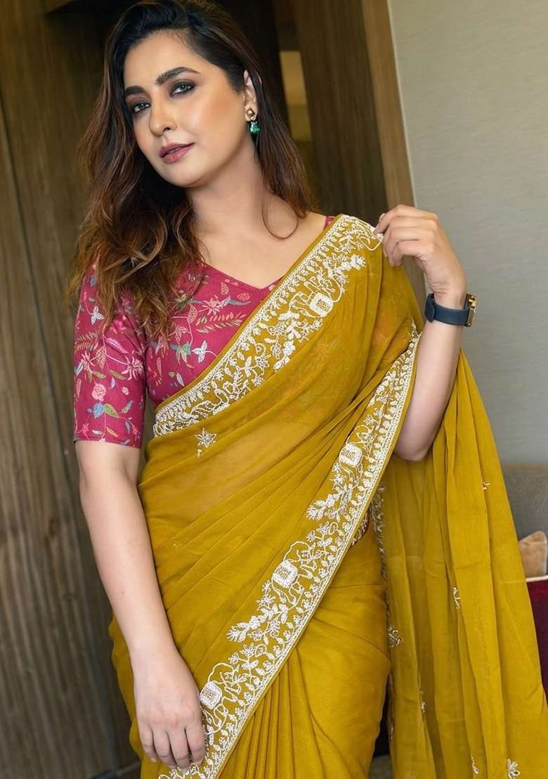 Yellow Embroidered Silk Saree Set for Diwali and Festive Wear - Indya