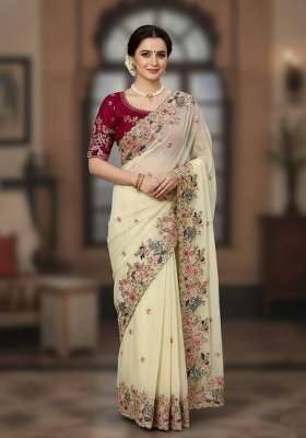 Cream Georgette Saree Set with Embroidered for Diwali | Wedding & Festive Wear