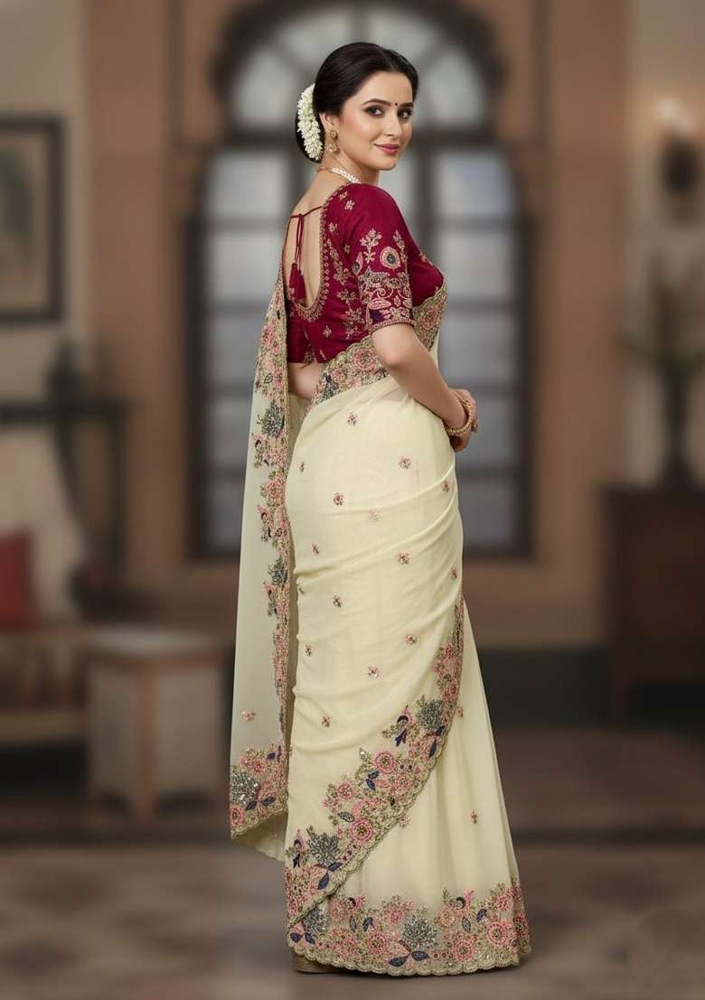 Cream Georgette Saree Set with Embroidered for Diwali | Wedding & Festive Wear - Indya
