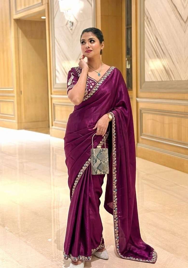 Wine Embroidered Silk Saree Set for Diwali and Festive Wear - Indya
