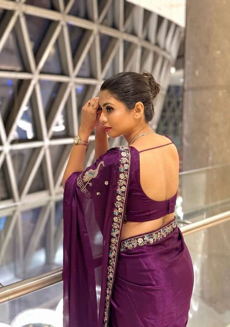 Wine Embroidered Silk Saree Set for Diwali and Festive Wear - Indya
