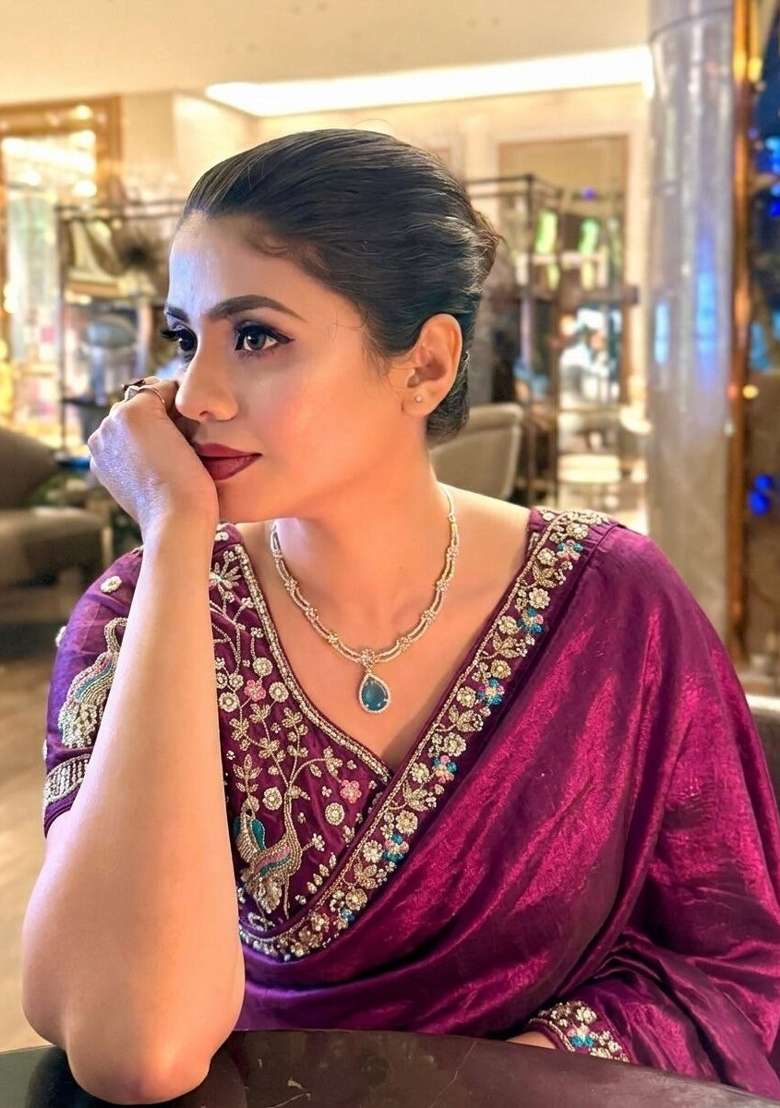 Wine Embroidered Silk Saree Set for Diwali and Festive Wear - Indya