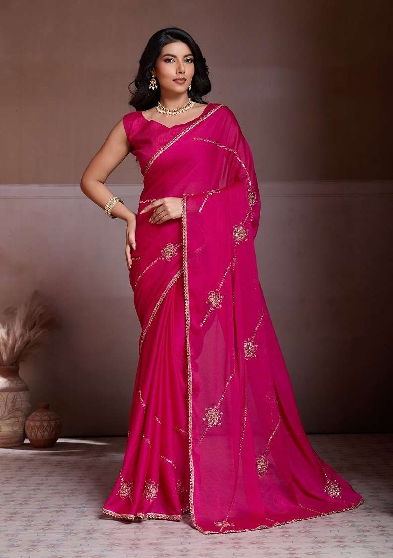 Pink Embroidered Silk Saree Set for Diwali and Festive Wear - Indya