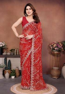 Red Georgette Saree Set with Embroidered for Diwali | Wedding & Festive Wear