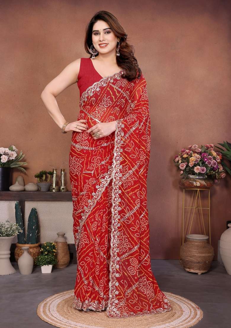 Red Georgette Saree Set with Embroidered for Diwali | Wedding & Festive Wear - Indya