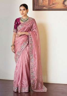 Baby Pink Embroidered Silk Saree Set