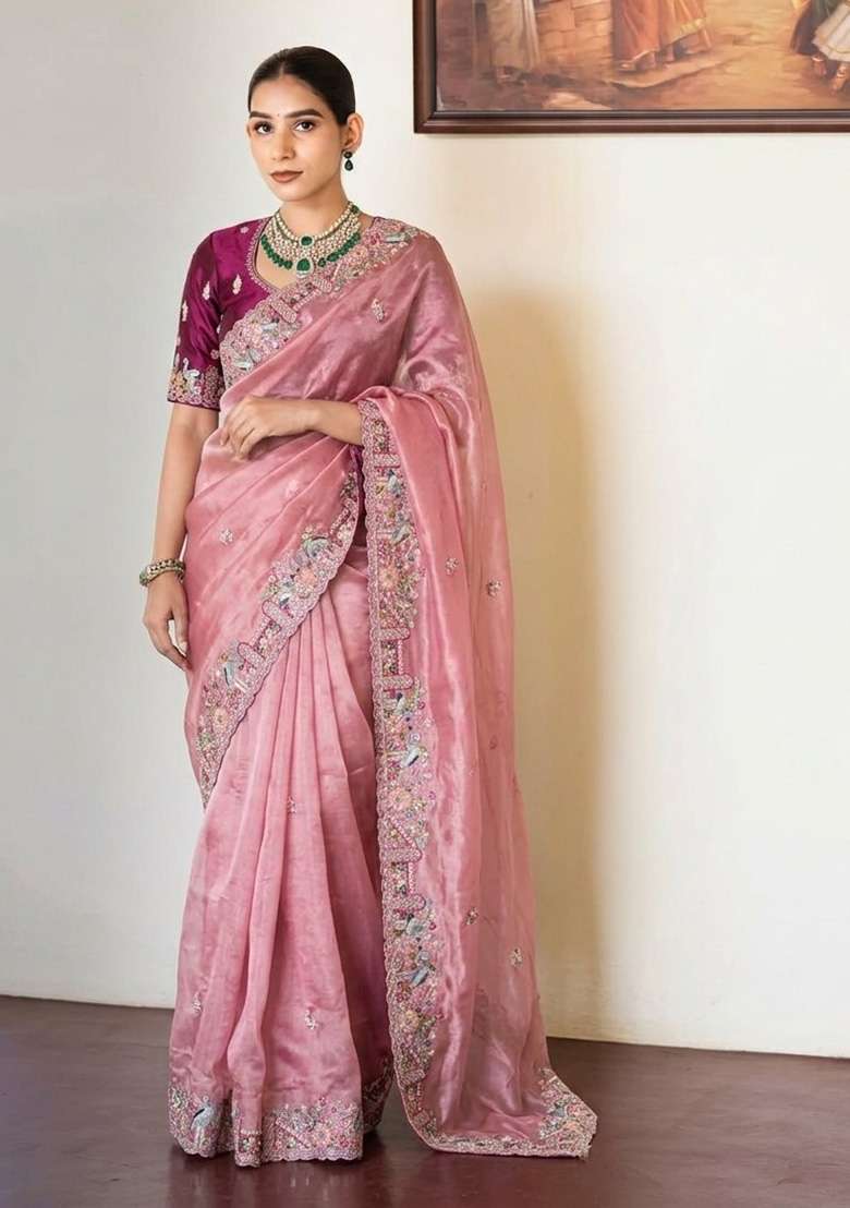 Baby Pink Embroidered Silk Saree Set - Indya
