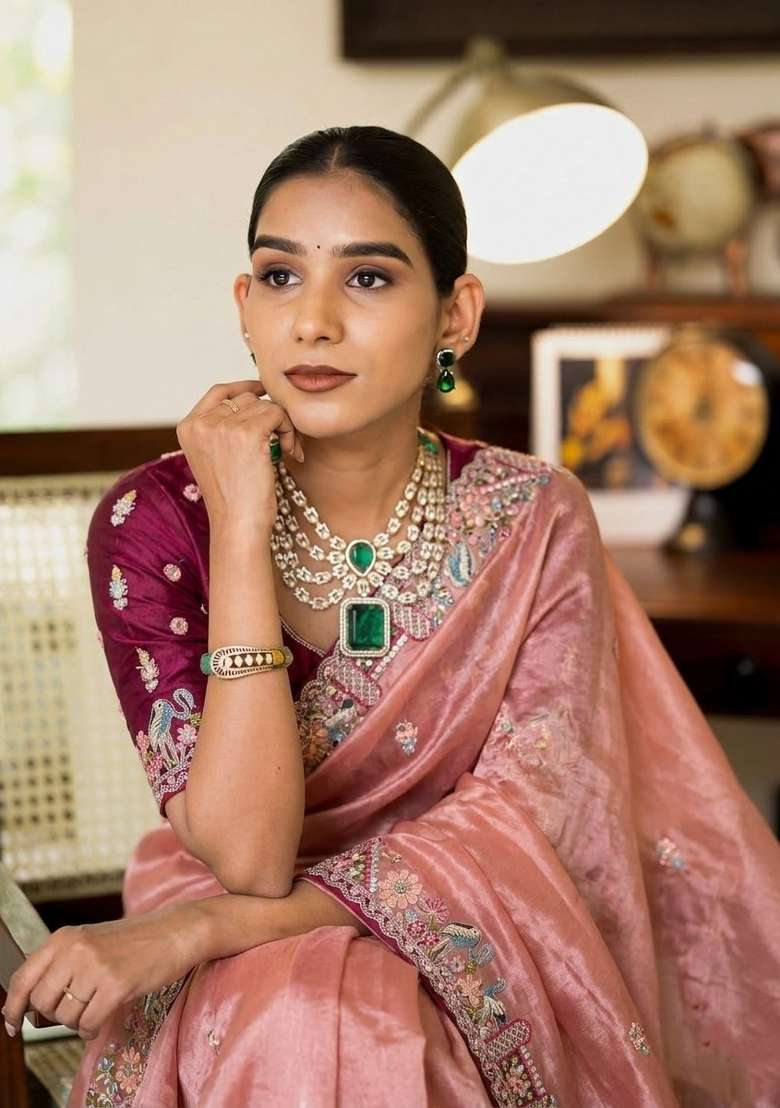 Baby Pink Embroidered Silk Saree Set - Indya