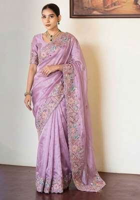Lavender Embroidered Silk Saree Set