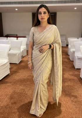 Cream Embroidered Silk Saree Set
