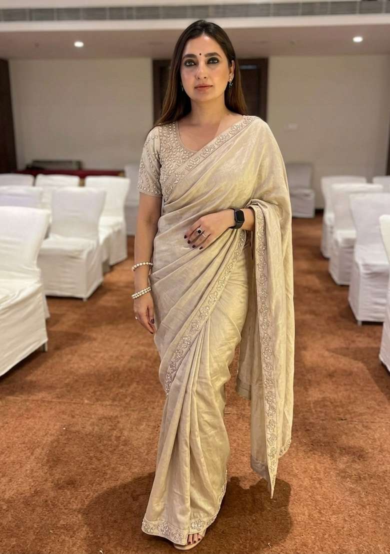 Cream Embroidered Silk Saree Set - Indya