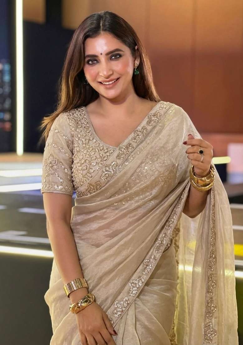 Cream Embroidered Silk Saree Set - Indya