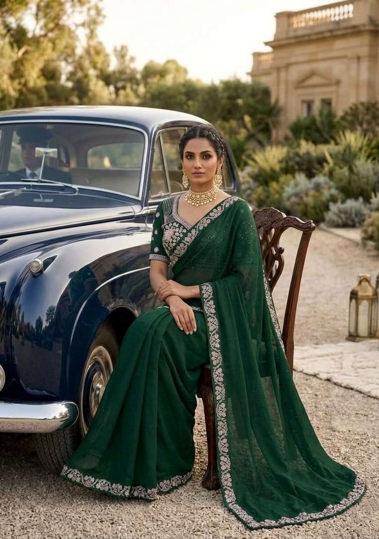Dark Green Embroidered Silk Saree Set - Indya