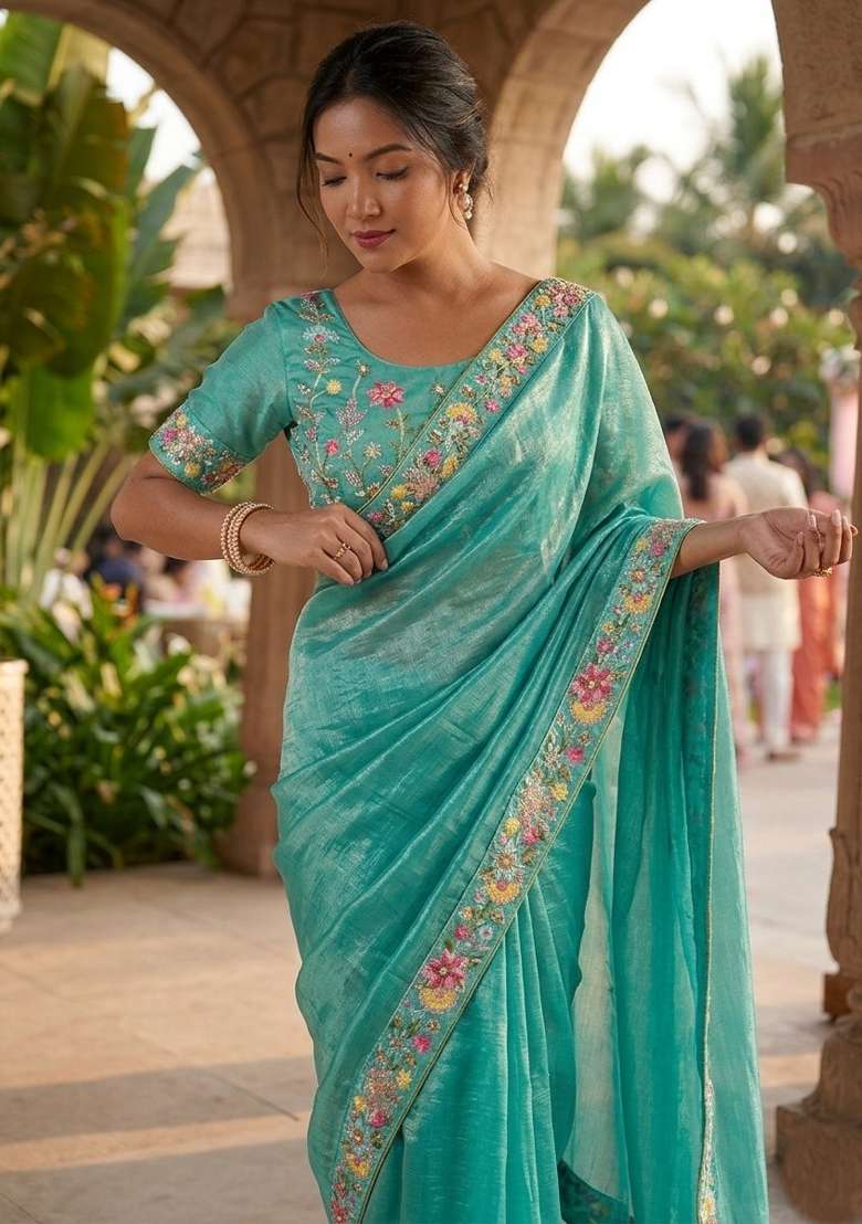 Sky Blue Embroidered Chiffon Saree Set for Diwali and Festive Wear - Indya