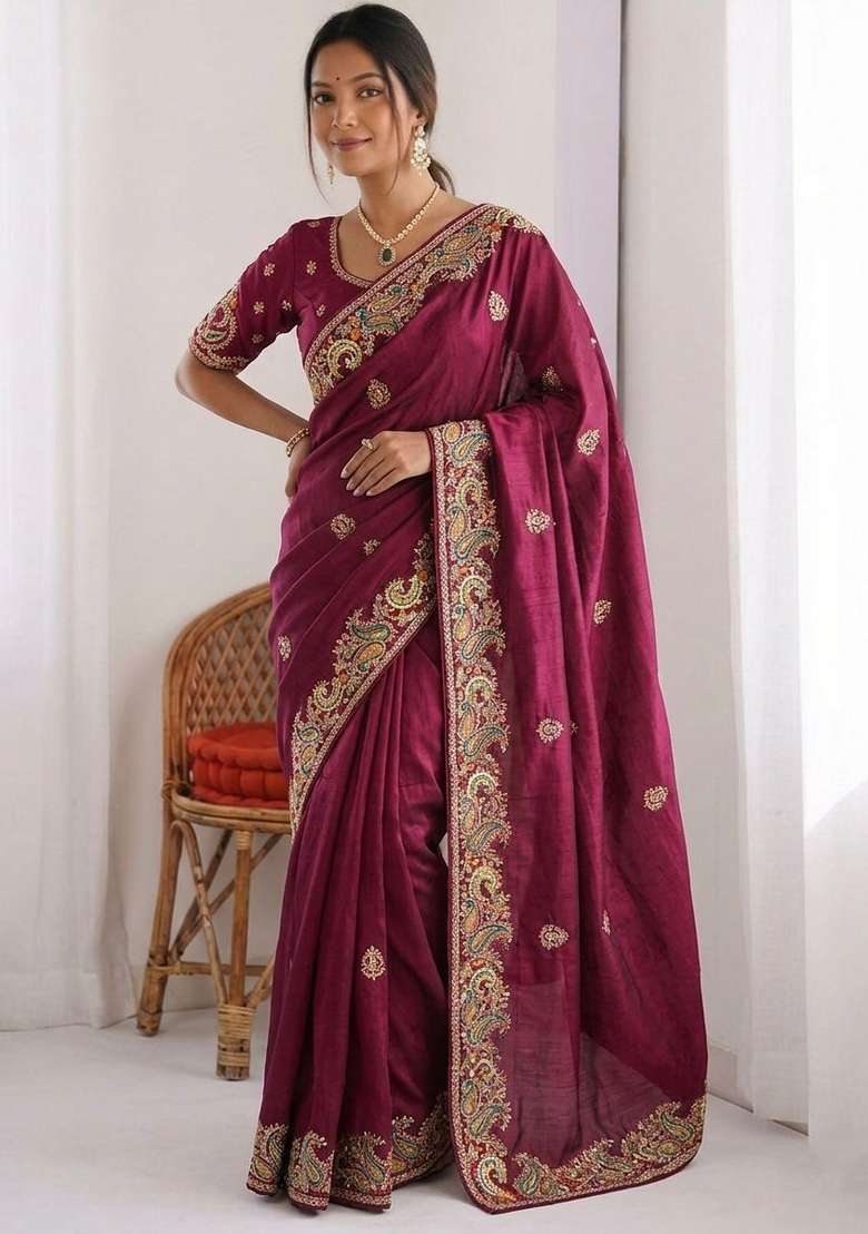Wine Embroidered Silk Saree Set for Diwali and Festive Wear - Indya
