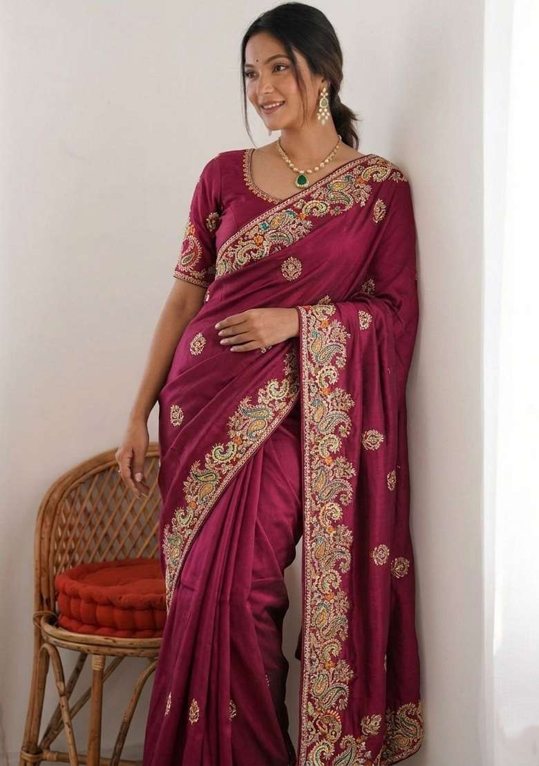 Wine Embroidered Silk Saree Set for Diwali and Festive Wear - Indya