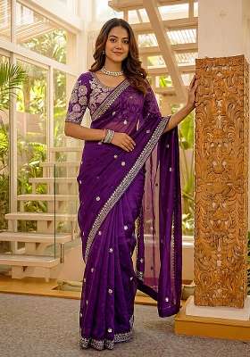 Purple Silk Saree Set with Embroidered for Diwali | Wedding & Festive Wear