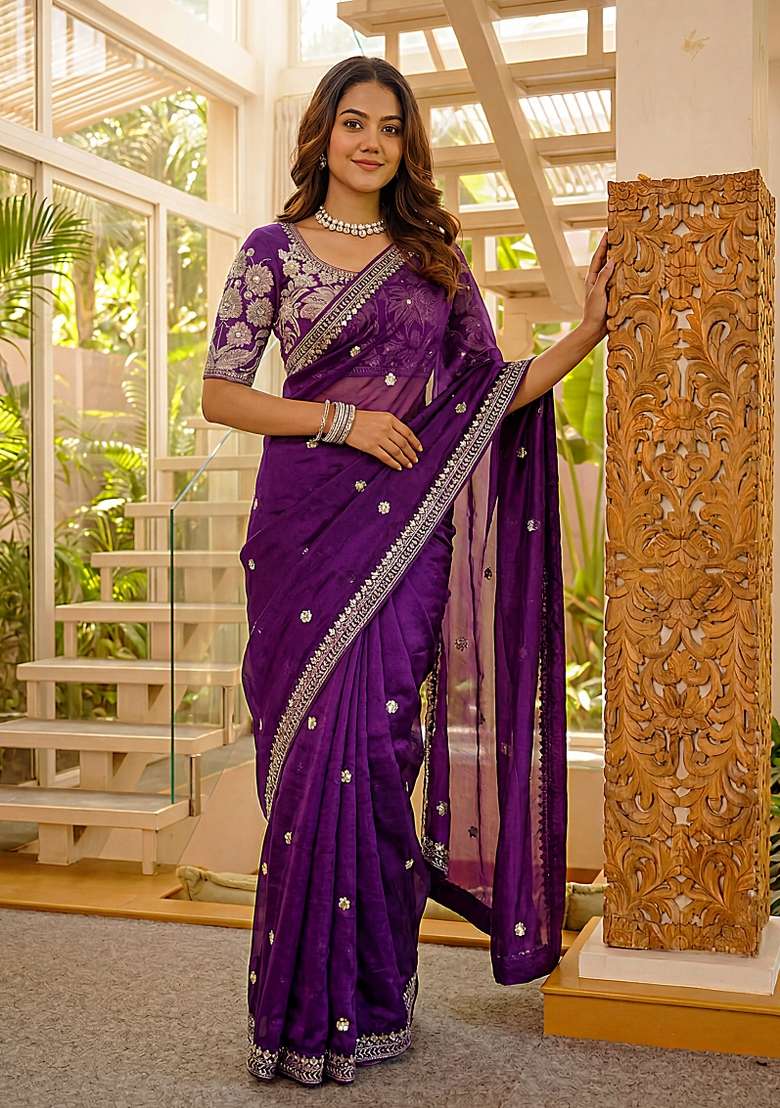 Purple Silk Saree Set with Embroidered for Diwali | Wedding & Festive Wear - Indya