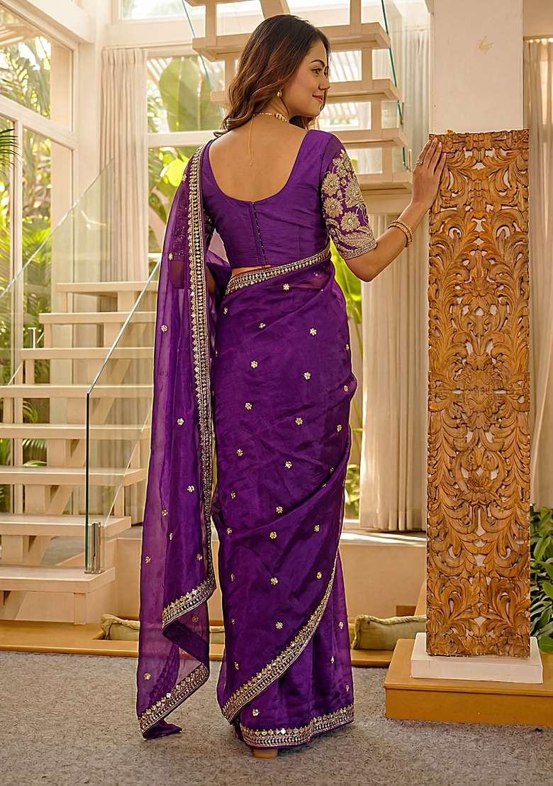 Purple Silk Saree Set with Embroidered for Diwali | Wedding & Festive Wear - Indya