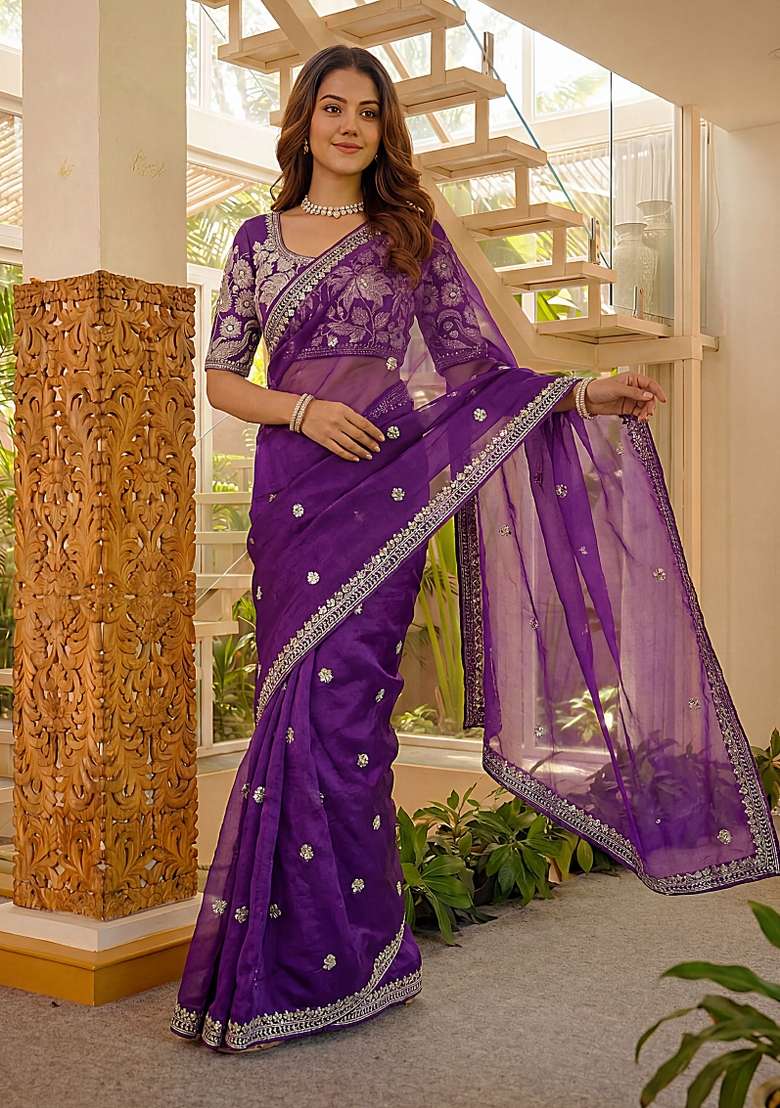 Purple Silk Saree Set with Embroidered for Diwali | Wedding & Festive Wear - Indya