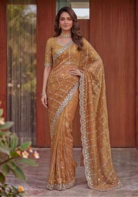 Light Peach Satin Saree Set with Embroidered for Diwali | Wedding & Festive Wear