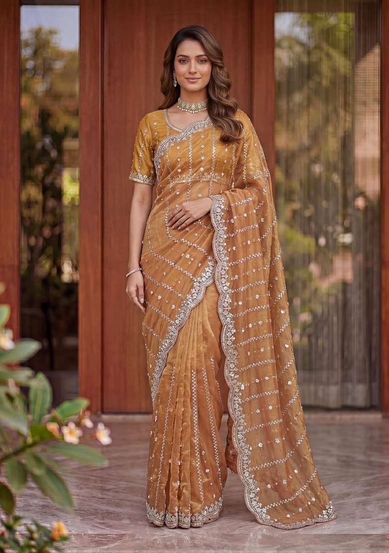 Light Peach Satin Saree Set with Embroidered for Diwali | Wedding & Festive Wear - Indya