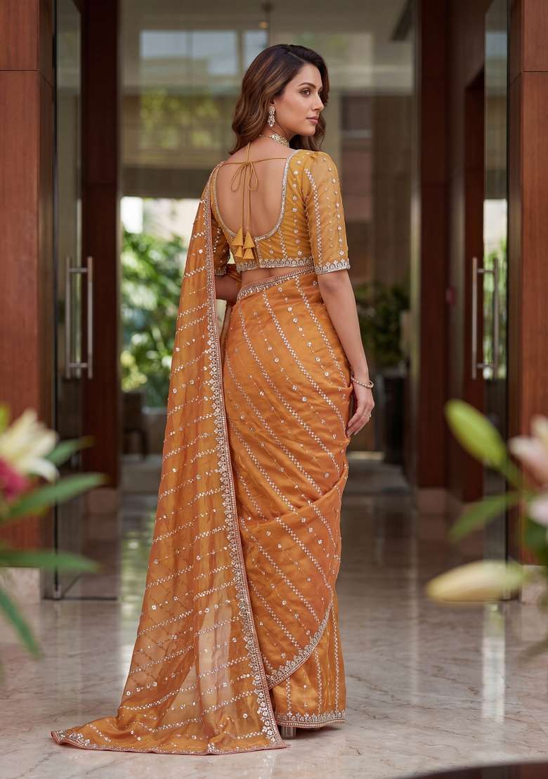 Light Peach Satin Saree Set with Embroidered for Diwali | Wedding & Festive Wear - Indya