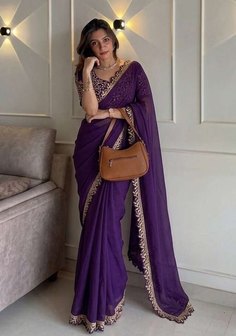 Purple Embroidered Silk Saree Set for Diwali and Festive Wear - Indya