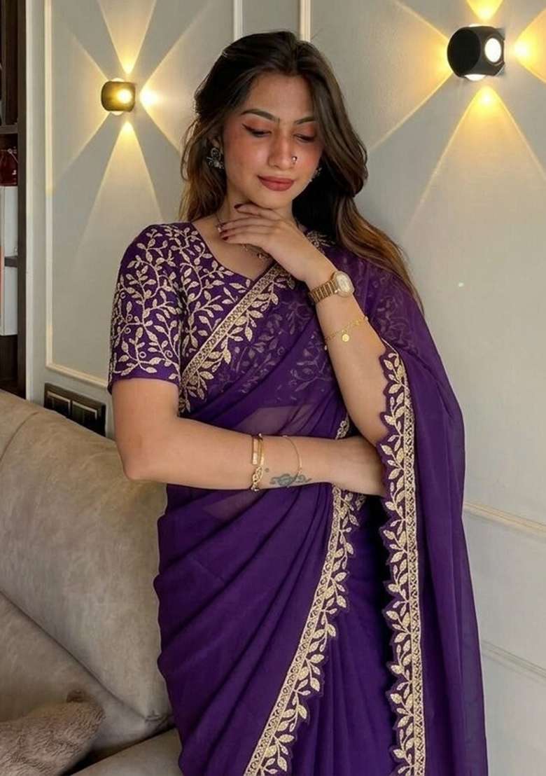 Purple Embroidered Silk Saree Set for Diwali and Festive Wear - Indya