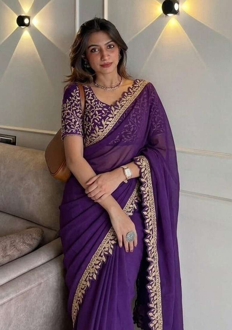Purple Embroidered Silk Saree Set for Diwali and Festive Wear - Indya