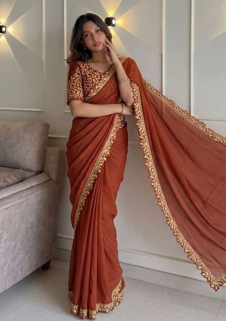 Peach Silk Saree Set with Embroidered for Diwali | Wedding & Festive Wear - Indya