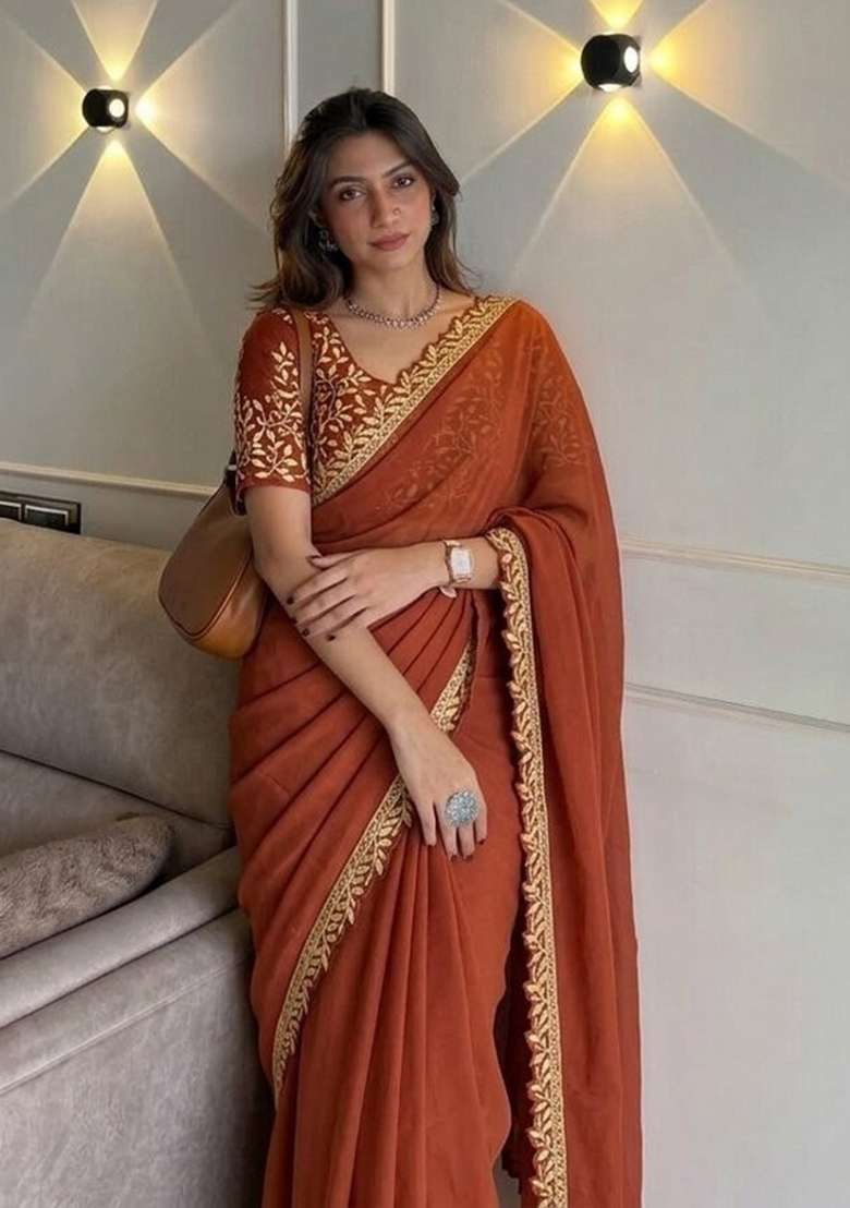 Peach Silk Saree Set with Embroidered for Diwali | Wedding & Festive Wear - Indya