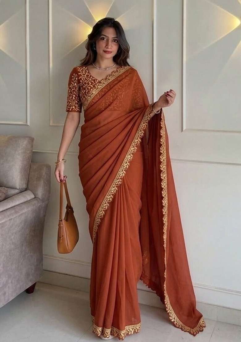 Peach Silk Saree Set with Embroidered for Diwali | Wedding & Festive Wear - Indya