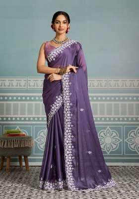 Lavender Silk Saree Set with Embroidered for Diwali | Wedding & Festive Wear
