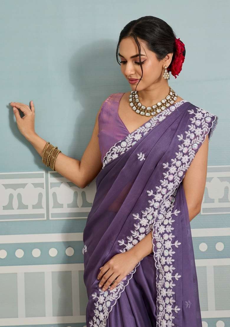 Lavender Silk Saree Set with Embroidered for Diwali | Wedding & Festive Wear - Indya