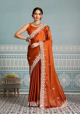 Orange Embroidered Silk Saree Set for Diwali and Festive Wear