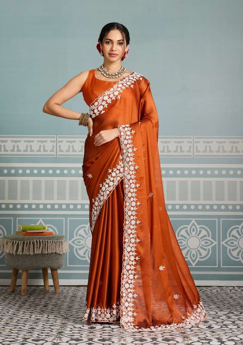 Orange Embroidered Silk Saree Set for Diwali and Festive Wear - Indya