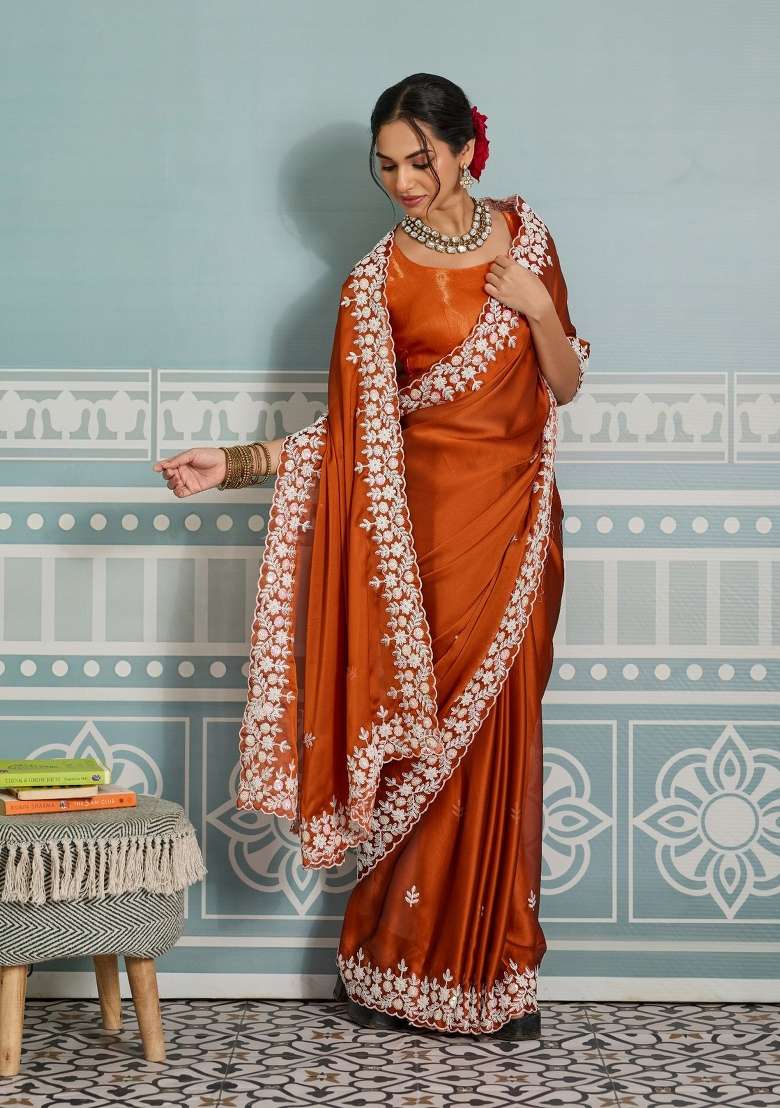 Orange Embroidered Silk Saree Set for Diwali and Festive Wear - Indya