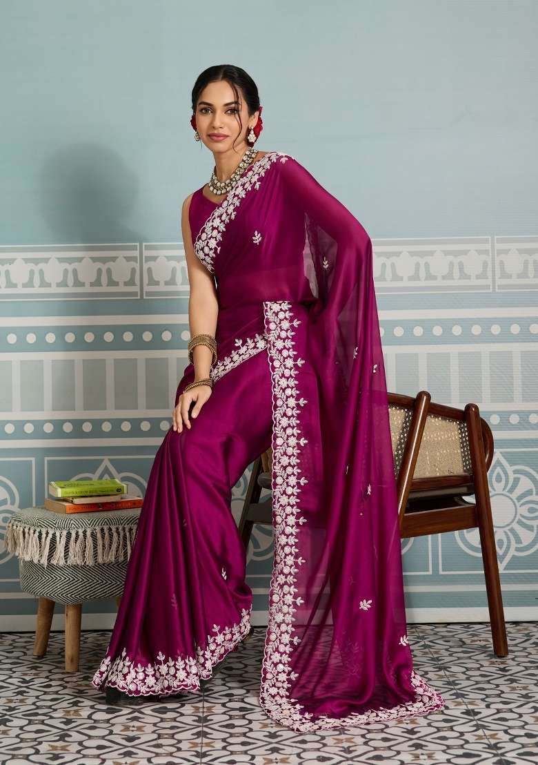Pink Embroidered Silk Saree Set for Diwali and Festive Wear - Indya