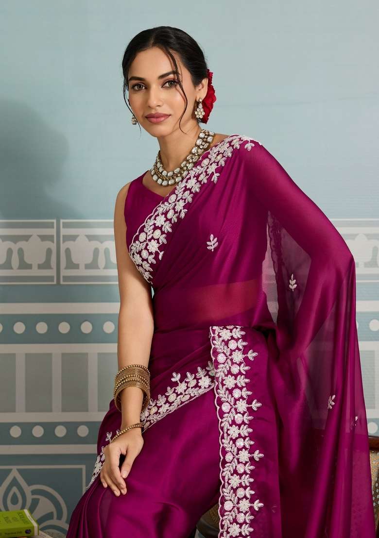 Pink Embroidered Silk Saree Set for Diwali and Festive Wear - Indya