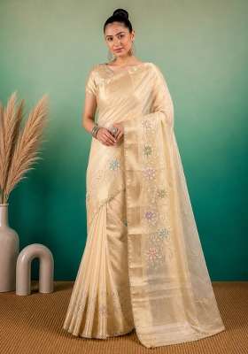 Cream Linen Saree Set with Embroidered for Diwali | Wedding & Festive Wear