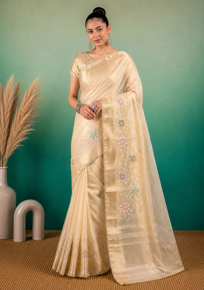 Cream Linen Saree Set with Embroidered for Diwali | Wedding & Festive Wear - Indya
