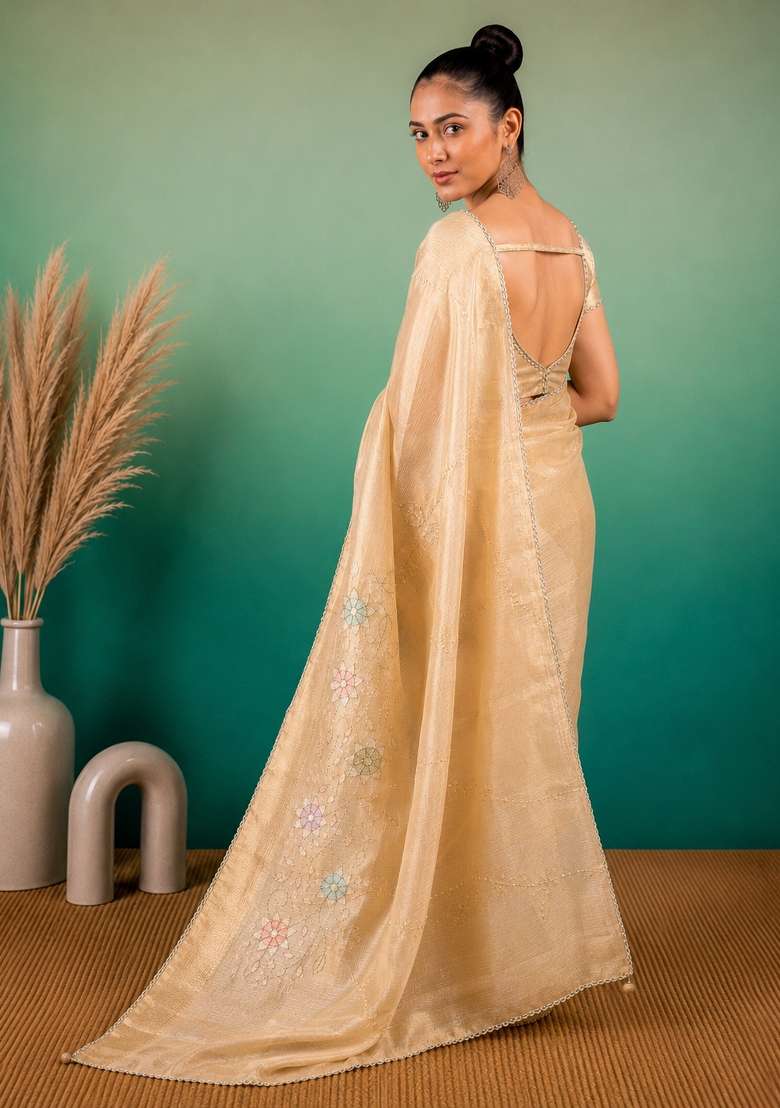 Cream Linen Saree Set with Embroidered for Diwali | Wedding & Festive Wear - Indya