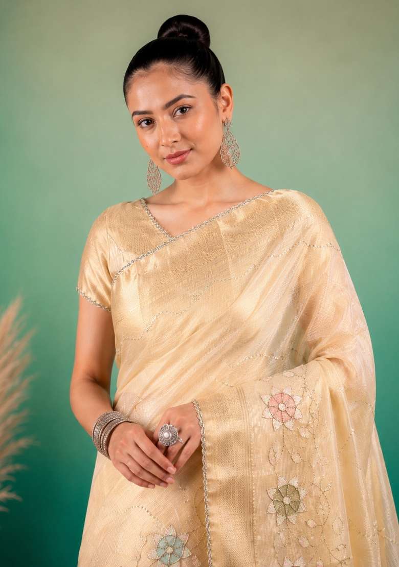 Cream Linen Saree Set with Embroidered for Diwali | Wedding & Festive Wear - Indya