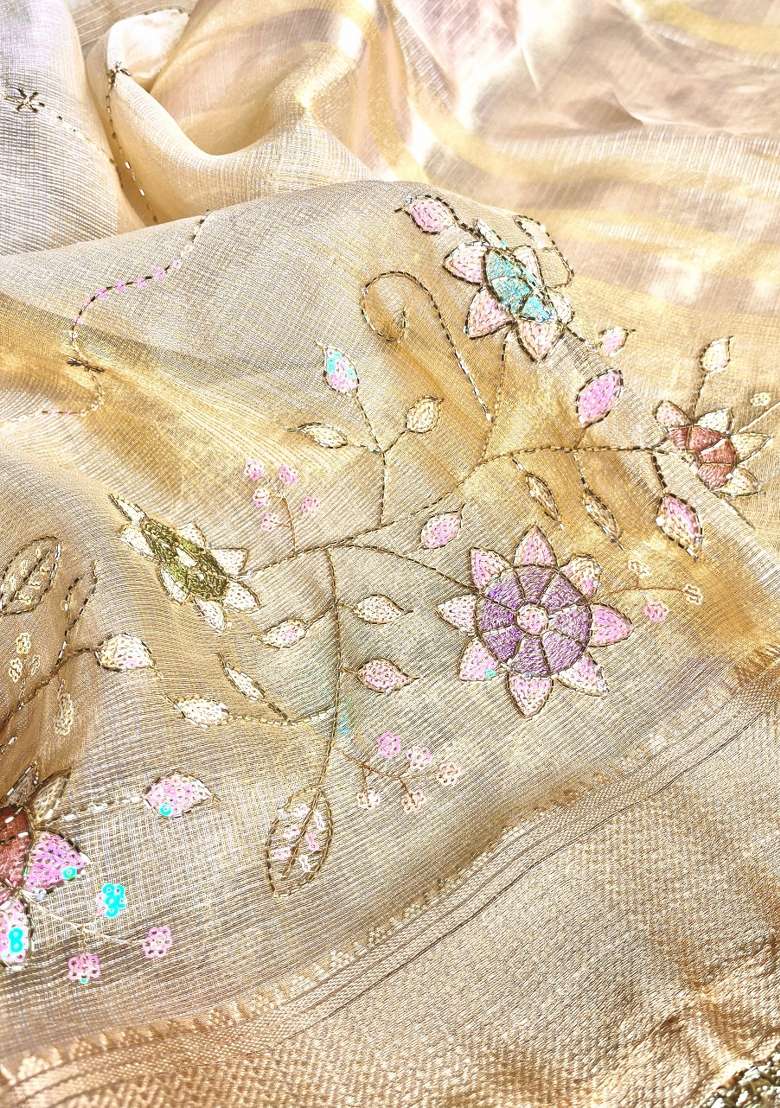 Cream Linen Saree Set with Embroidered for Diwali | Wedding & Festive Wear - Indya