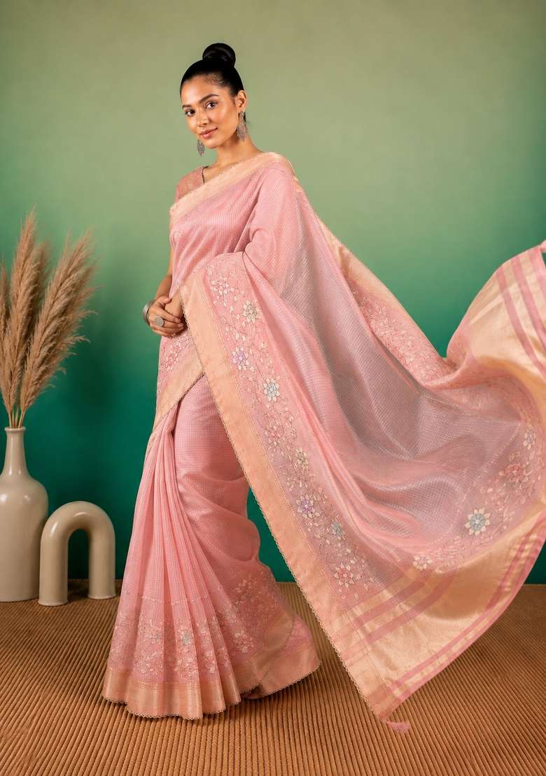 Peach Embroidered Linen Saree Set - Indya